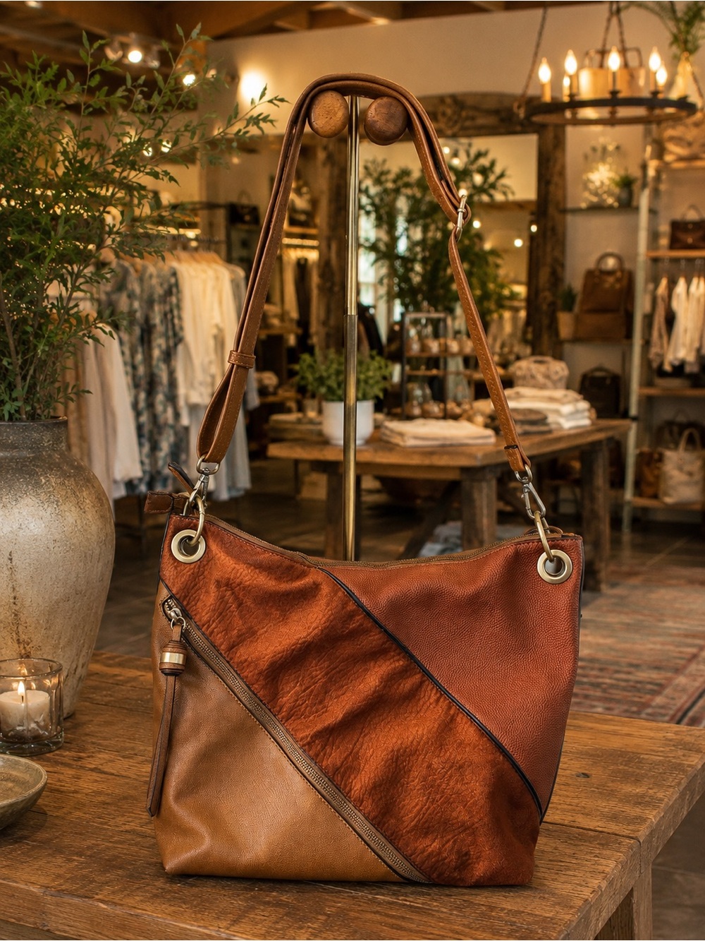 Anthropologie Colorblock Faux Leather Suede Hobo Shoulder Bag Brown